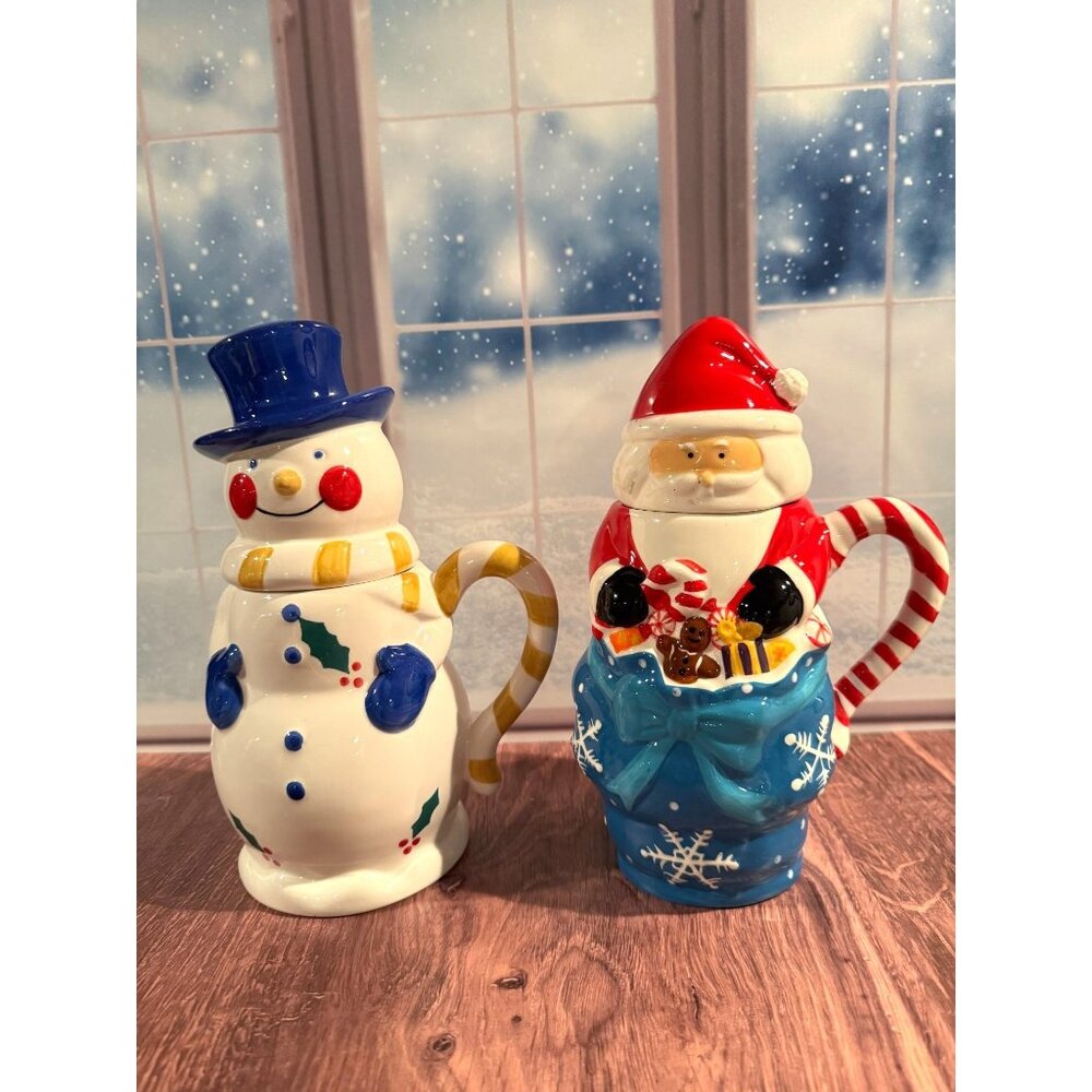 🎄 Temptations Santa & Snowman Tall Lidded Mugs – Perfect for Hot Chocolate!